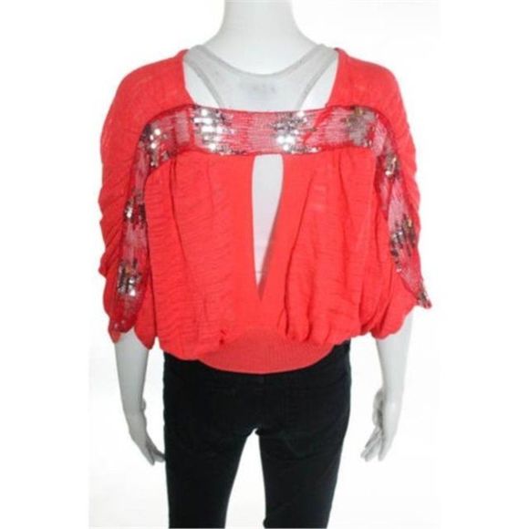 Free People Orange Coral Cotton Siler Sequined Trim VNeck Cropped Sweater Shrug - Picture 4 of 7